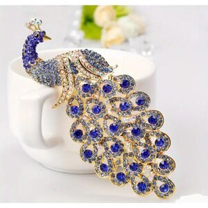 Peacock Brooch Pin Blue Rhinestone Crystal Vintage Style Jewelry Women